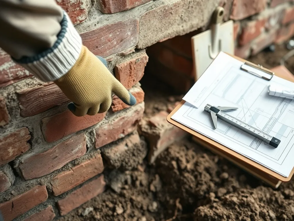 Inżynier w rękawicach bada pęknięcie w fundamencie starego domu, używając miarki i dokumentacji technicznej.