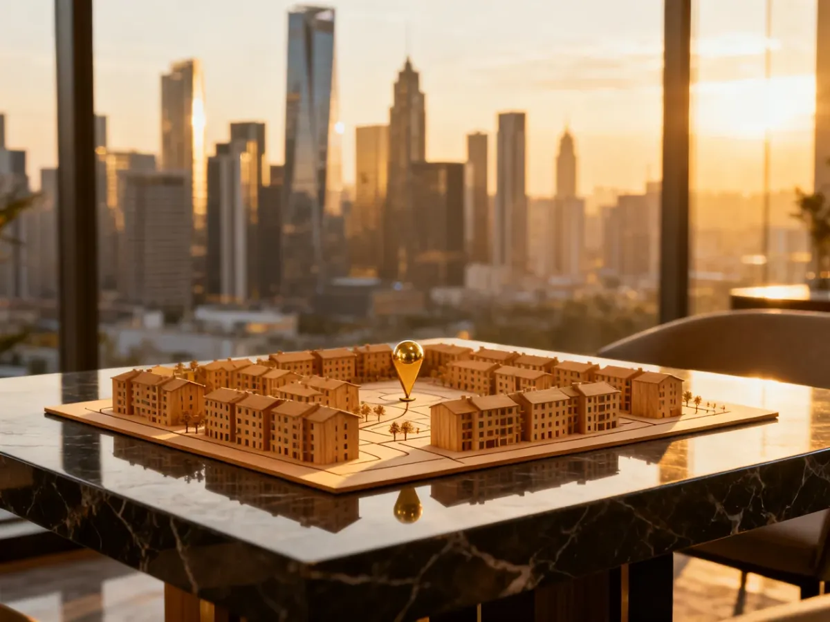 Model architektoniczny osiedla z zaznaczoną lokalizacją na tle nowoczesnego miasta, symbolizujący inwestycję w nieruchomości.
