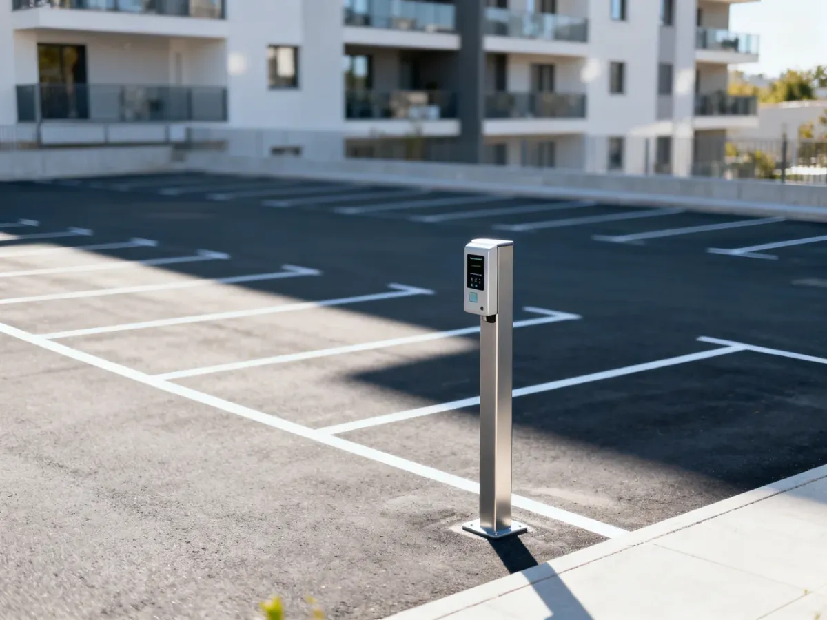 Nowoczesny parking osiedlowy z terminalem kontroli dostępu przy budynku mieszkalnym w słoneczny dzień.