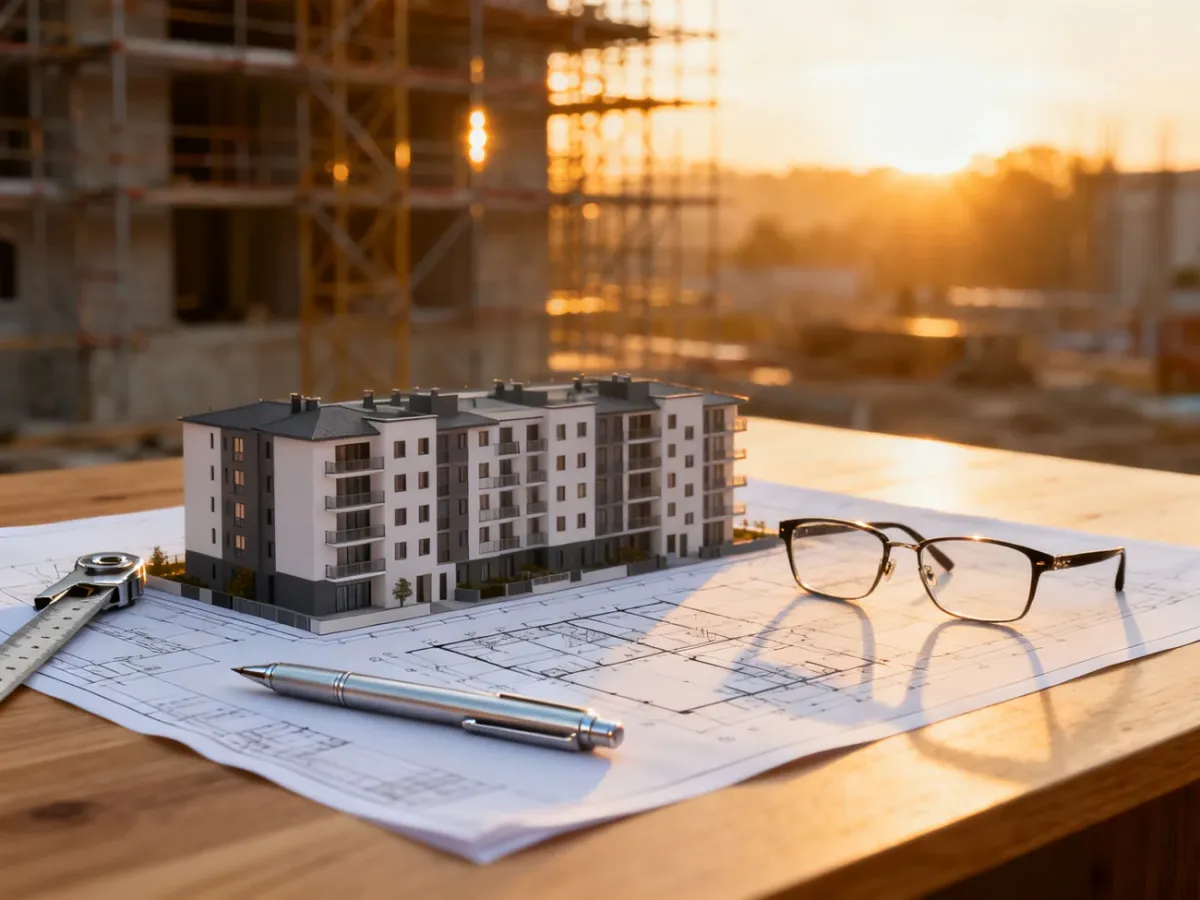 Plany architektoniczne nowoczesnego osiedla z przyborami kreślarskimi na biurku, w tle rozmyta budowa w świetle wschodu słońca.