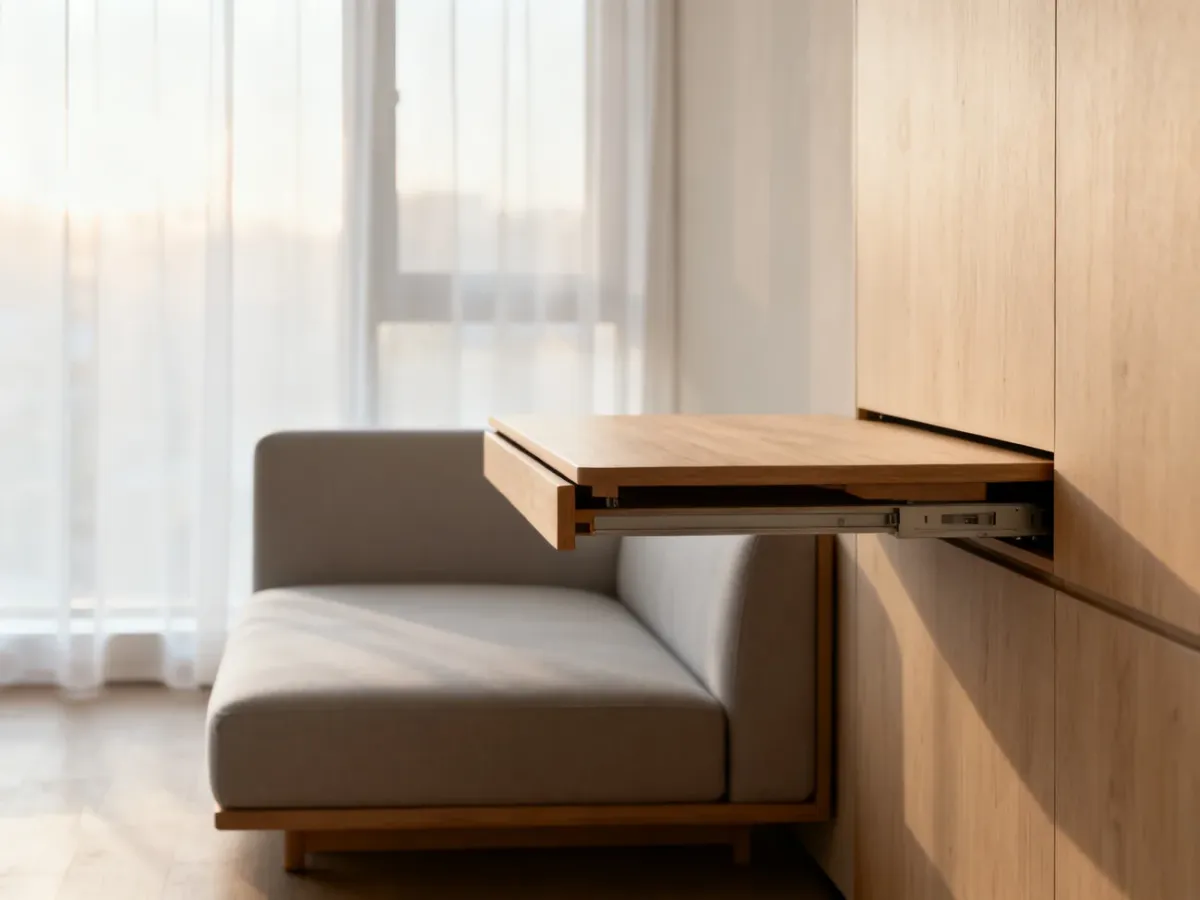 Minimalistyczne studio z wielofunkcyjnym biurkiem ściennym i kompaktową sofą, optycznie powiększające małą przestrzeń.